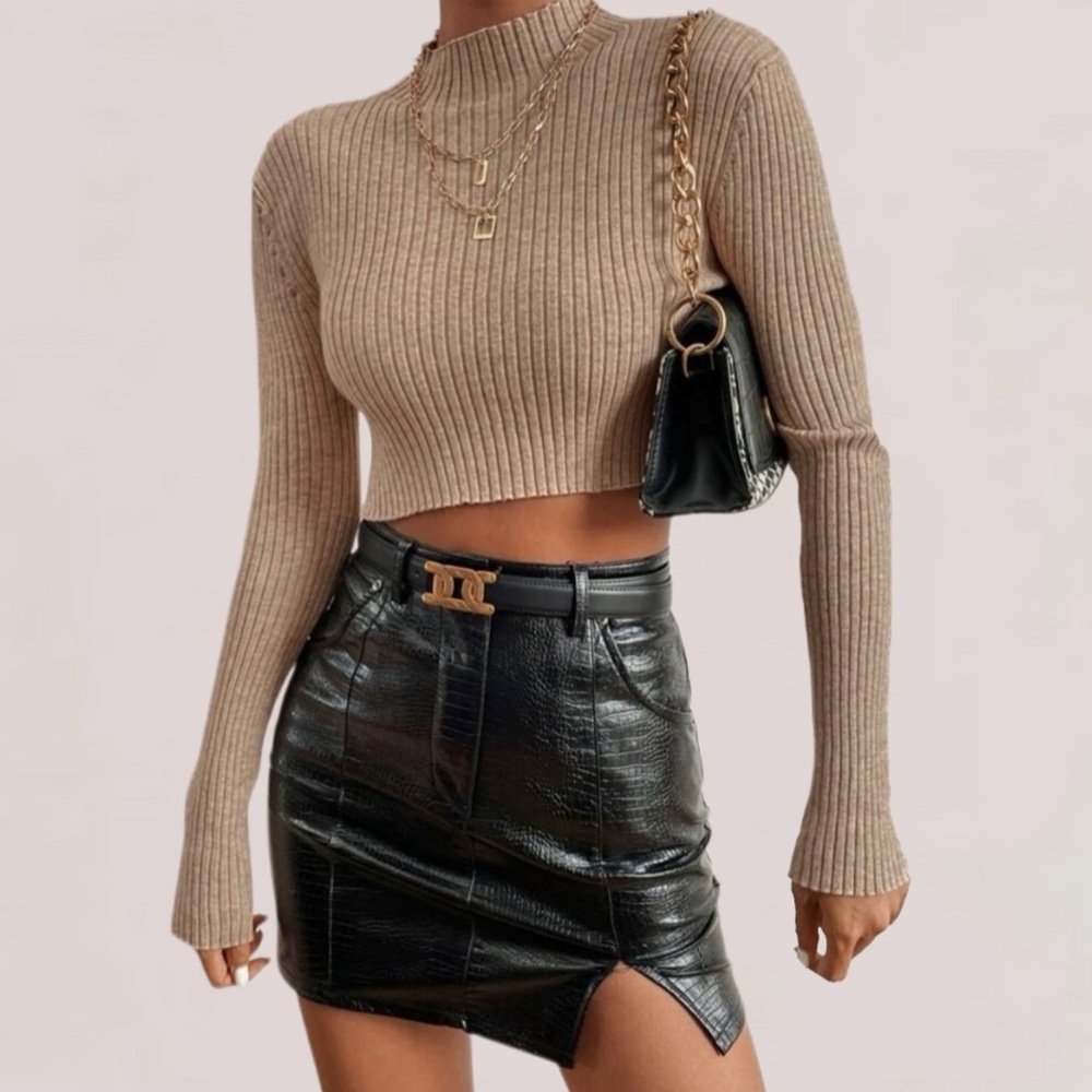 SHEIN Tan Mock-Neck Rib-Knit Sweater Size Small